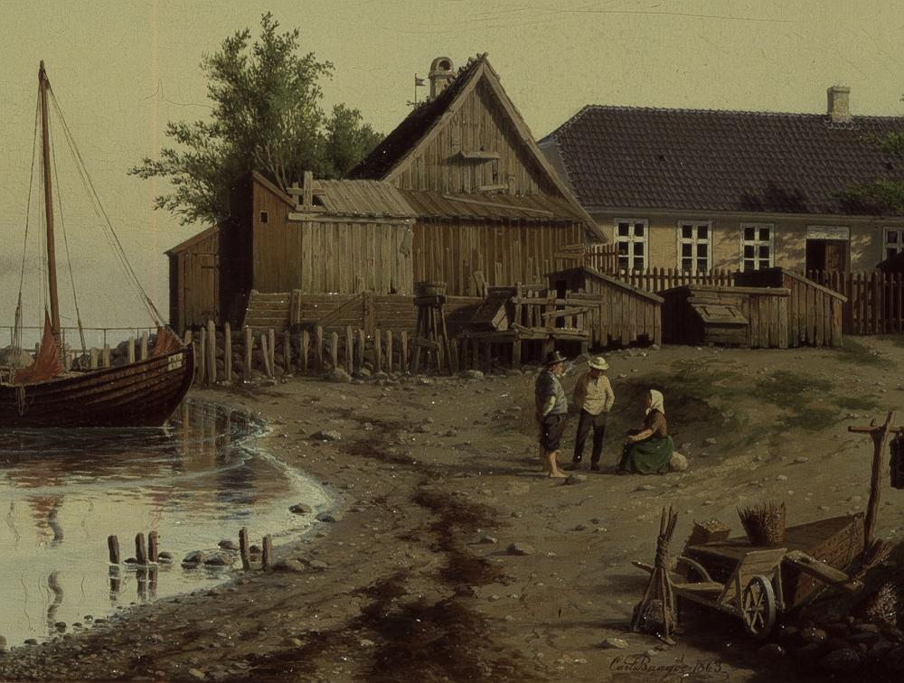 Taarbæk Strand med Taarbæk Skole, udsnit af maleri af Carl Baagøe, 1863